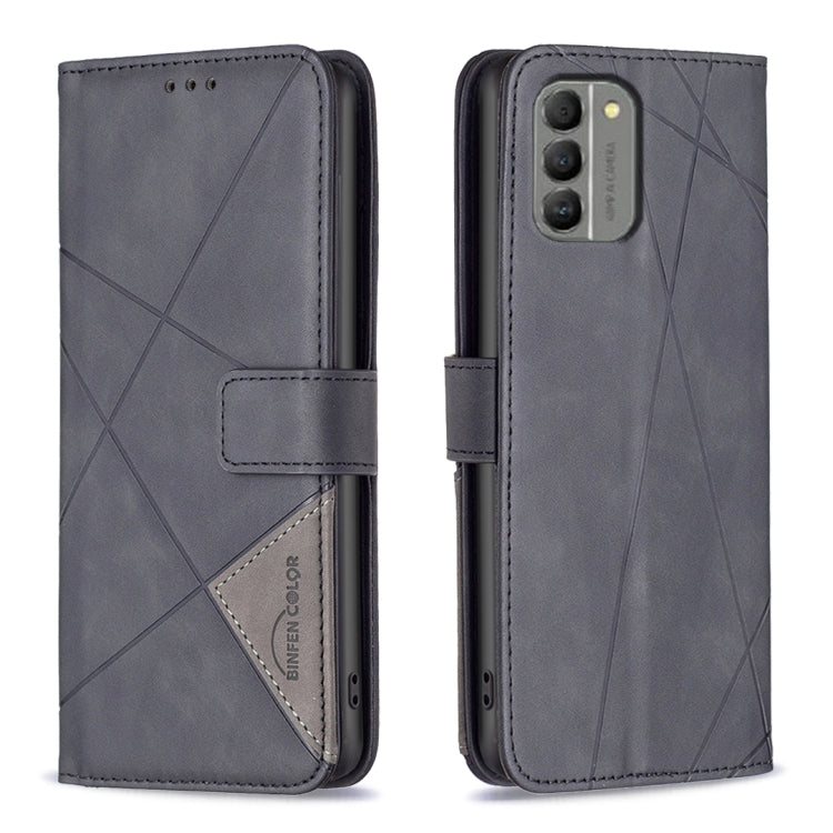 Grey magnetic buckle leather phone case with rhombus pattern, flip cover and card pocket