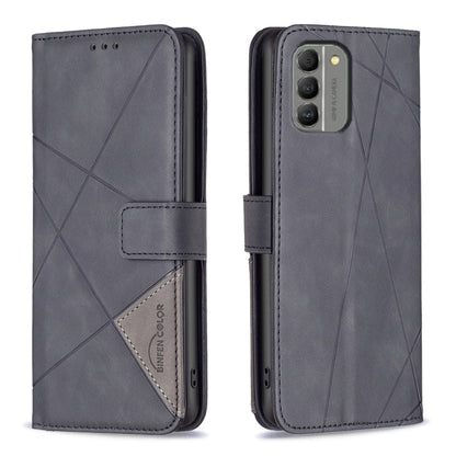 Grey magnetic buckle leather phone case with rhombus pattern, flip cover and card pocket