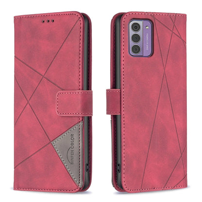 Red magnetic buckle leather phone case with rhombus pattern, flip cover and card pocket