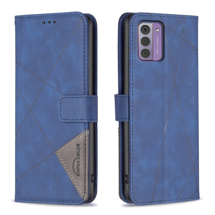 Blue magnetic buckle leather phone case with rhombus pattern, flip cover and card pocket