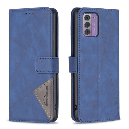 Blue magnetic buckle leather phone case with rhombus pattern, flip cover and card pocket