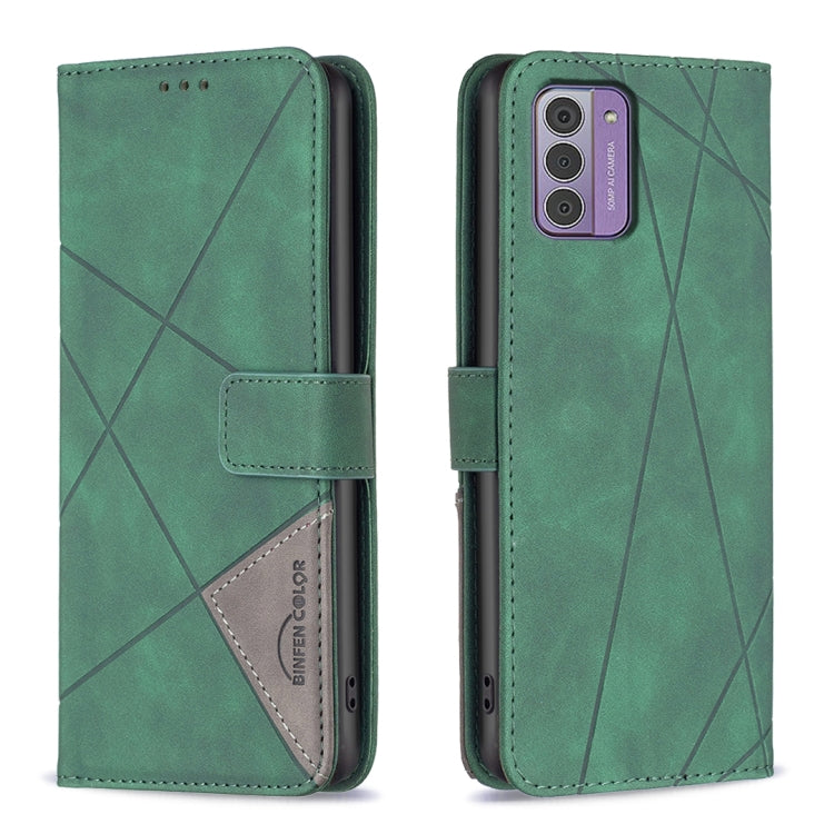 Green magnetic buckle leather phone case with rhombus pattern, flip cover and card pocket
