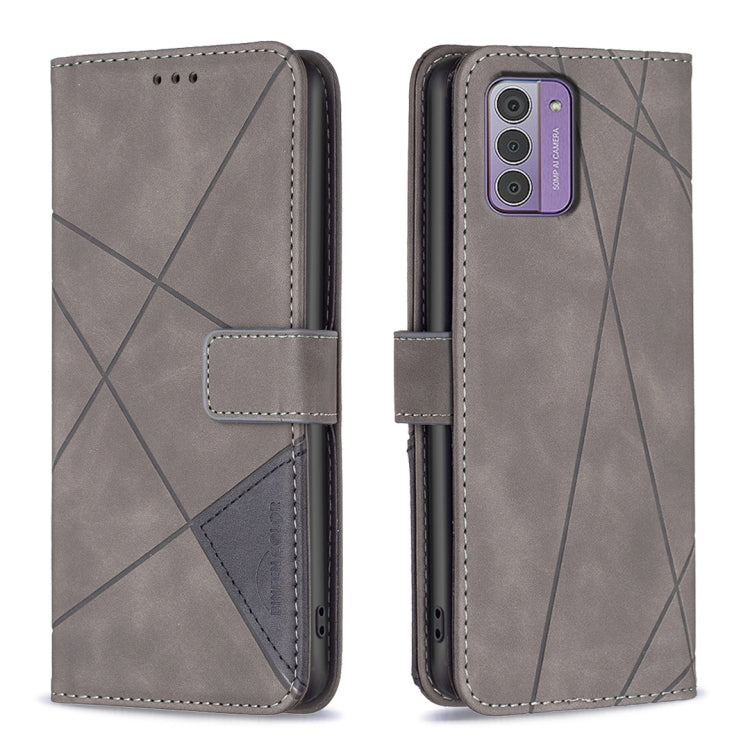 Grey magnetic buckle leather phone case with rhombus pattern, open flip showing card pocket