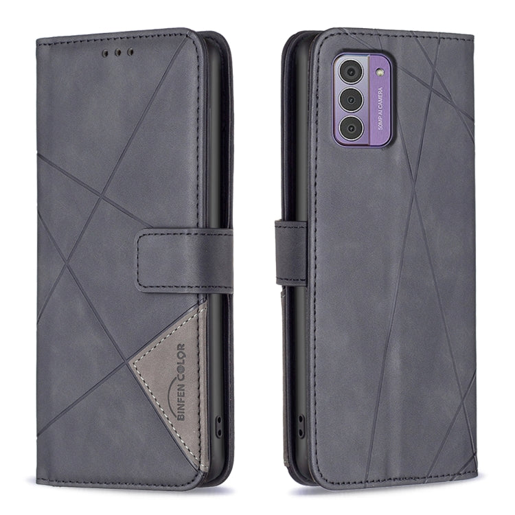 Grey magnetic buckle leather phone case with rhombus pattern, back cover and flip strap