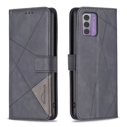 Grey magnetic buckle leather phone case with rhombus pattern, back cover and flip strap