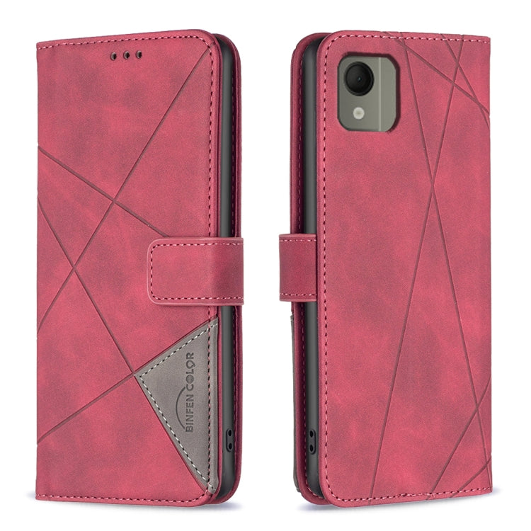 Red magnetic buckle leather phone case with rhombus pattern, back cover and flip strap