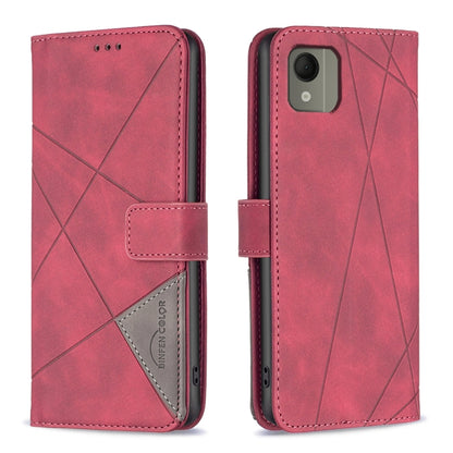 Red magnetic buckle leather phone case with rhombus pattern, back cover and flip strap