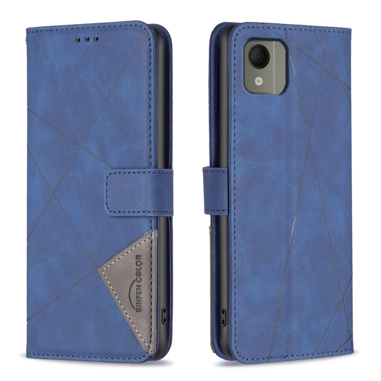 Blue magnetic buckle leather phone case with rhombus pattern, back cover and flip strap