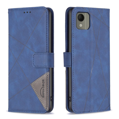 Blue magnetic buckle leather phone case with rhombus pattern, back cover and flip strap