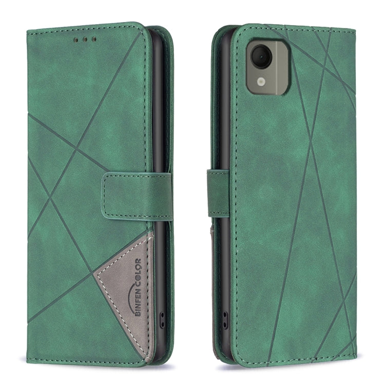 Green magnetic buckle leather phone case with rhombus pattern, back cover and flip strap
