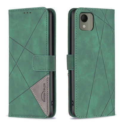 Green magnetic buckle leather phone case with rhombus pattern, back cover and flip strap