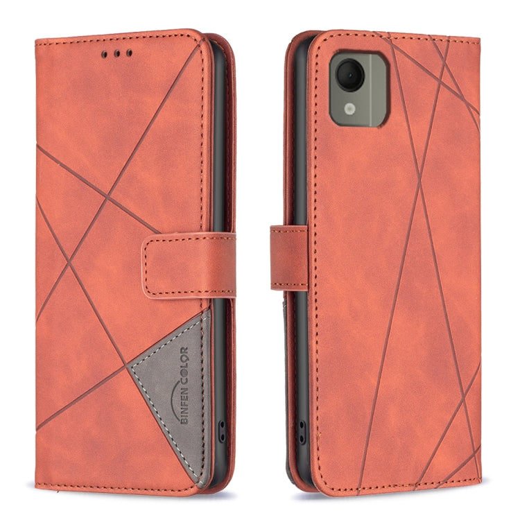 Red leather phone case with magnetic buckle and geometric rhombus pattern.