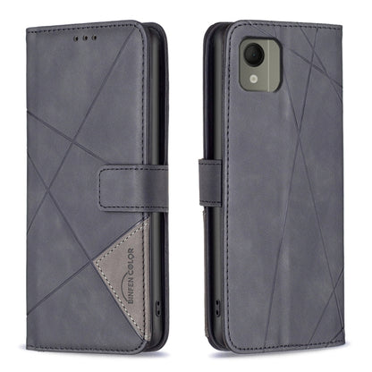 Dark grey leather phone case with magnetic buckle and geometric rhombus pattern.