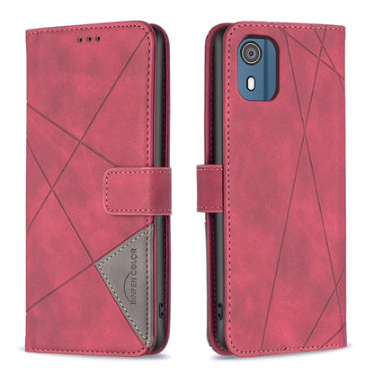 Rose red leather phone case with magnetic buckle and geometric rhombus pattern.