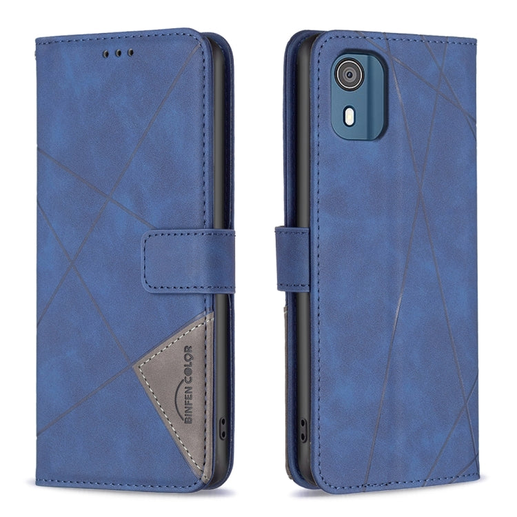 Blue leather phone case with magnetic buckle and geometric rhombus pattern.