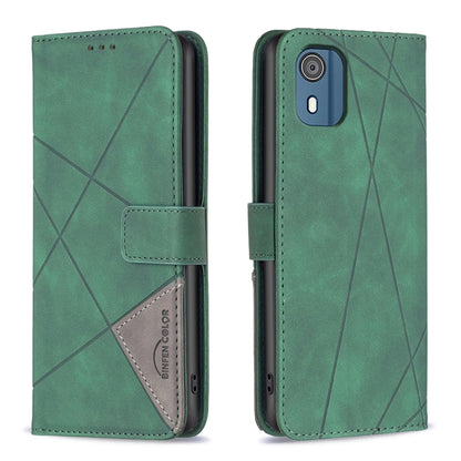 Green leather phone case with magnetic buckle and geometric rhombus pattern.
