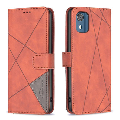 Orange red leather phone case with magnetic buckle and geometric rhombus pattern.