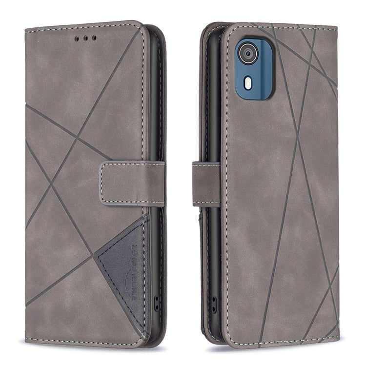 Light grey leather phone case with magnetic buckle and geometric rhombus pattern.