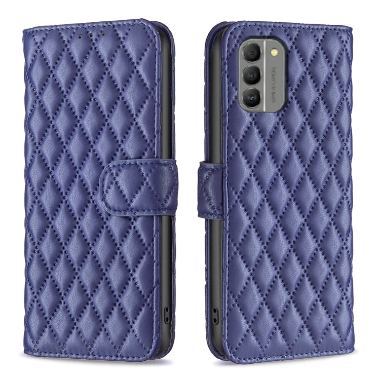 Diamond lattice wallet flip phone case in dark blue, with magnetic strap and card holder