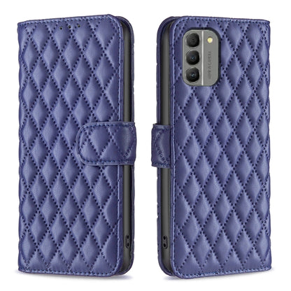 Diamond lattice wallet flip phone case in dark blue, with magnetic strap and card holder