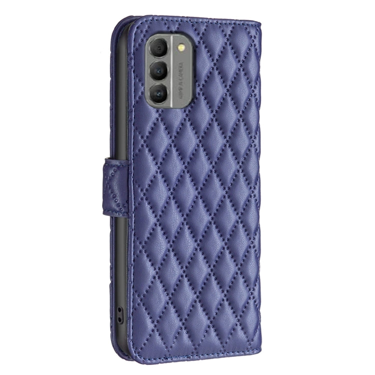 Diamond lattice wallet flip phone case in dark blue, back with cutout for camera