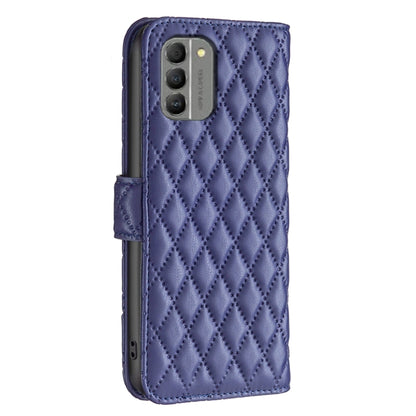 Diamond lattice wallet flip phone case in dark blue, back with cutout for camera