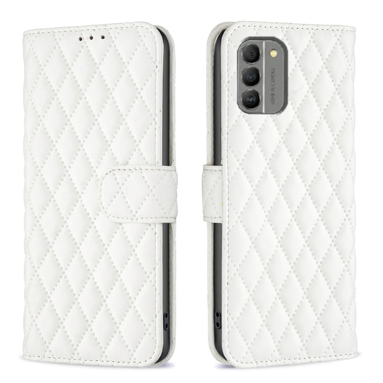 Diamond lattice wallet flip phone case in white, front and back views with magnetic closure