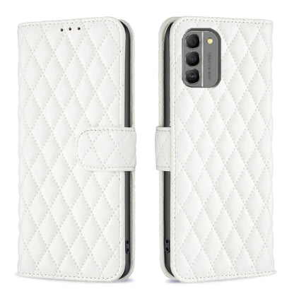 Diamond lattice wallet flip phone case in white, front and back views with magnetic closure