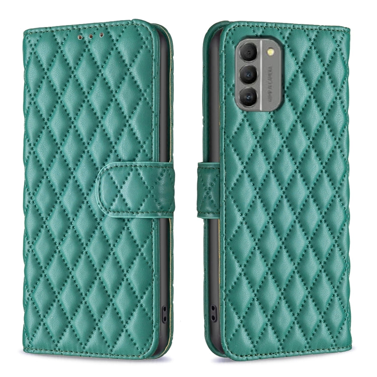 Diamond lattice wallet flip phone case in green, front and back views with card holder