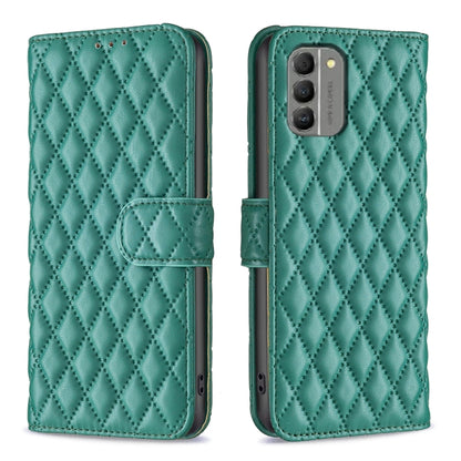 Diamond lattice wallet flip phone case in green, front and back views with card holder