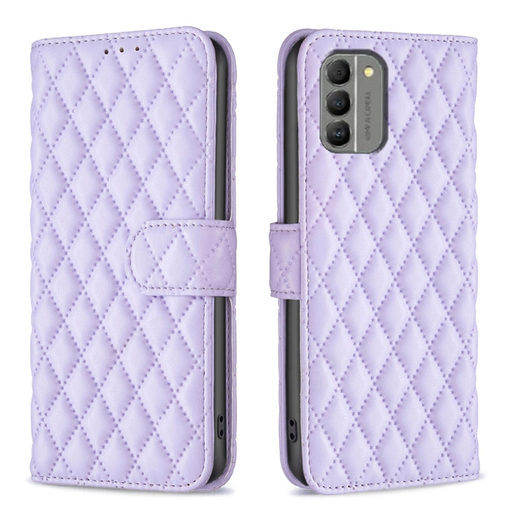 Diamond lattice wallet flip phone case in light purple, front and back views with card holder