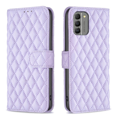 Diamond lattice wallet flip phone case in light purple, front and back views with card holder