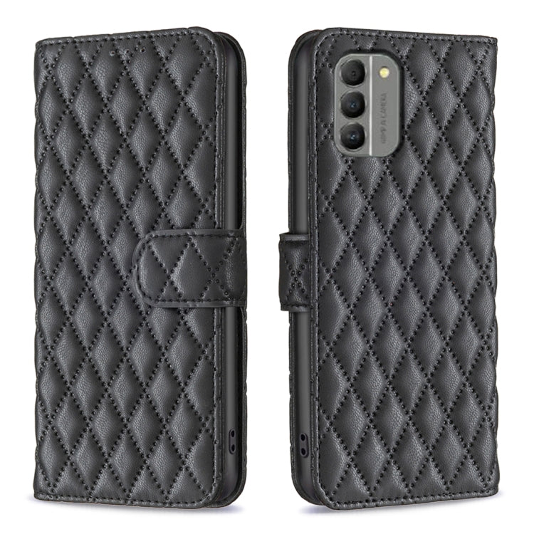 Diamond lattice wallet flip leather phone case in dark black with magnetic strap