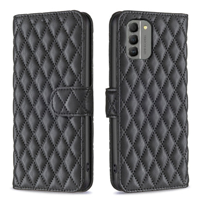 Diamond lattice wallet flip leather phone case in dark black with magnetic strap