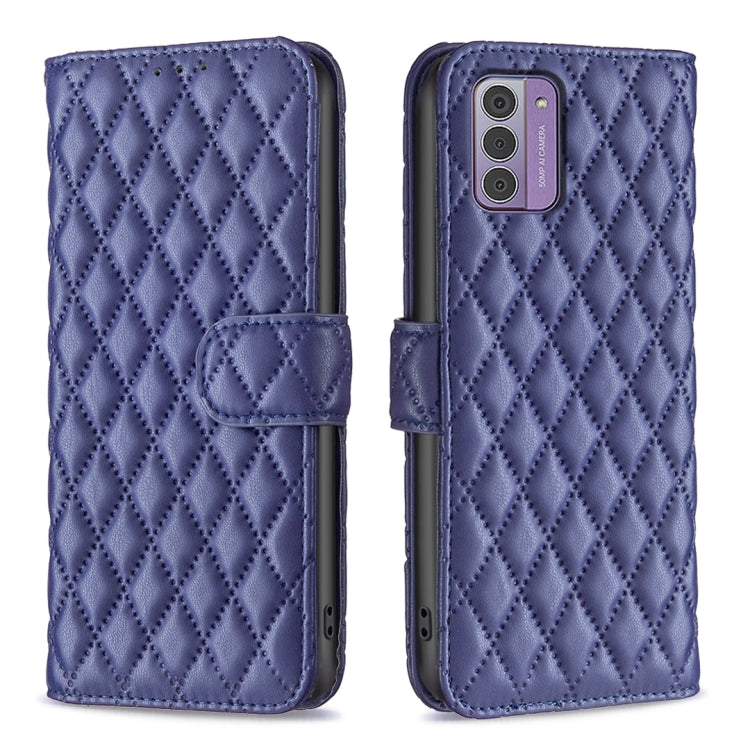 Diamond lattice wallet flip leather phone case in blue with magnetic strap and card slot