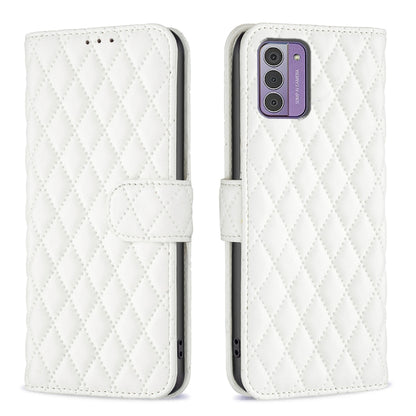 Diamond lattice wallet flip leather phone case in white with magnetic strap closure