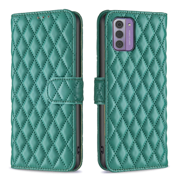 Diamond lattice wallet flip leather phone case in green with magnetic strap and pocket