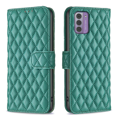 Diamond lattice wallet flip leather phone case in green with magnetic strap and pocket