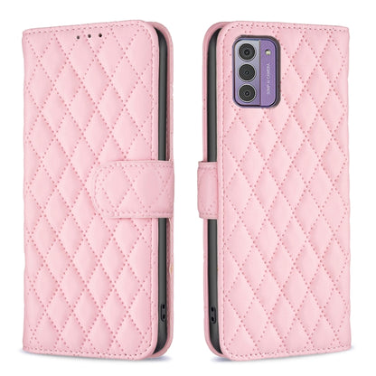 Diamond lattice wallet flip leather phone case in pink with magnetic strap and card slot