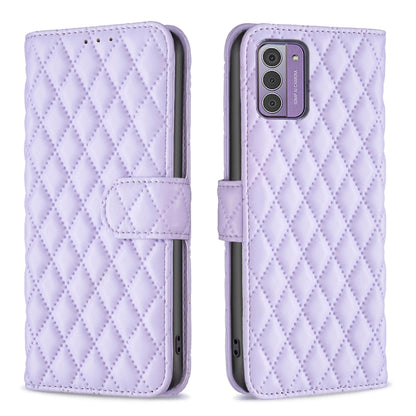 Diamond lattice wallet flip leather phone case in light purple with magnetic strap closure
