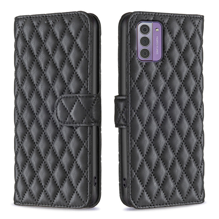 Diamond lattice wallet flip leather phone case in dark black with front card pocket