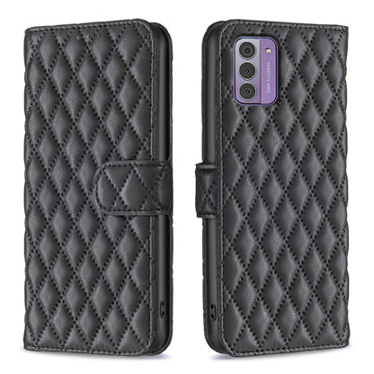 Diamond lattice wallet flip leather phone case in dark black with front card pocket