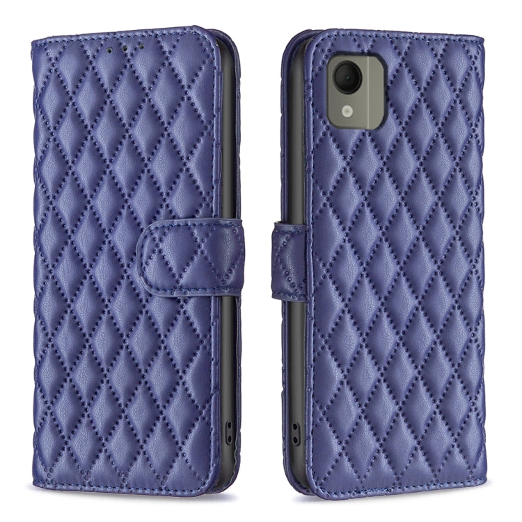 Diamond lattice wallet flip leather phone case in blue with magnetic strap and card slot