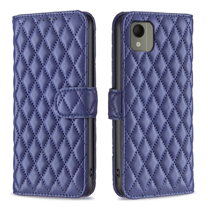 Diamond lattice wallet flip leather phone case in blue with magnetic strap and card slot