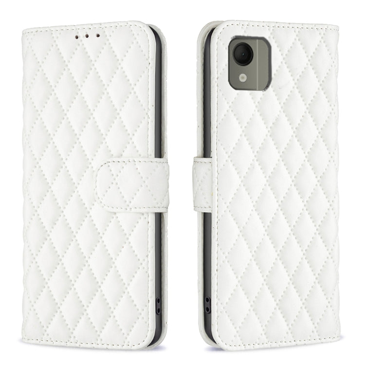 Diamond lattice wallet flip leather phone case in white with magnetic strap closure