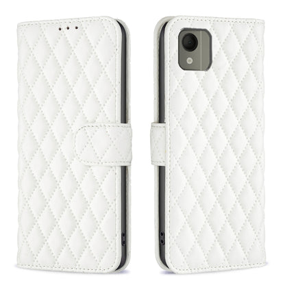 Diamond lattice wallet flip leather phone case in white with magnetic strap closure