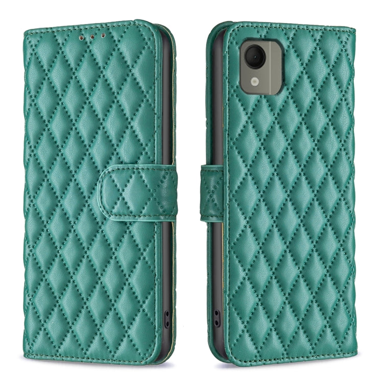 Diamond lattice wallet flip leather phone case in green with magnetic strap and pocket
