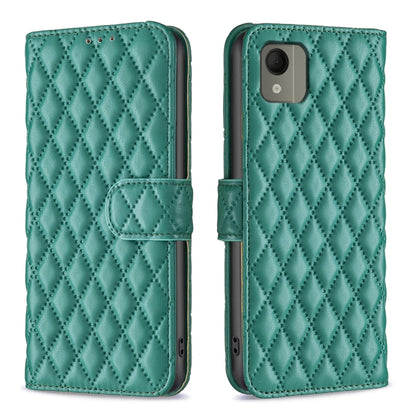 Diamond lattice wallet flip leather phone case in green with magnetic strap and pocket