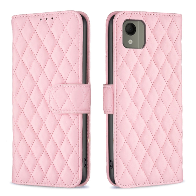 Pink leather wallet flip phone case with diamond lattice pattern, cover and strap