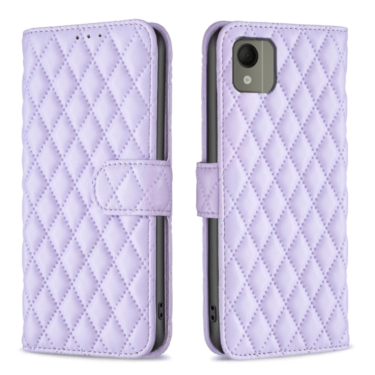Light purple leather wallet flip phone case with diamond lattice pattern and front strap